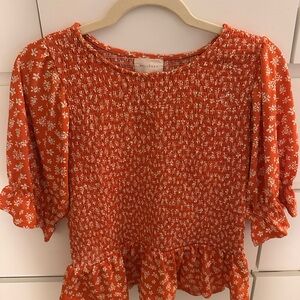 Orange/Red Floral Smocked Blouse